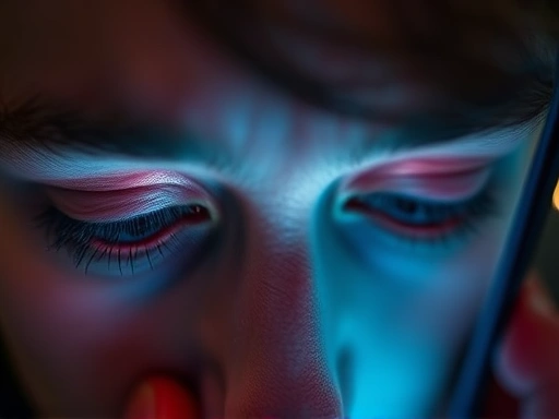 A close-up of a person's eyes showing redness and fatigue, with a blurred smartphone screen in the background, emphasizing the impact of screen time on eye health and the feeling of tiredness.