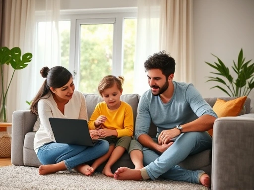 A family setting healthy smart device boundaries, with a parent and child discussing screen time rules in a cozy living room, emphasizing communication and balance. Bright, modern, and harmonious. 