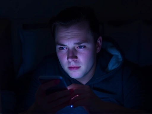 A person looking at a bright smartphone screen in a dark bedroom at night, with blue light illuminating their face, representing digital eye strain and sleep disturbance. Focus on the blue light emission.