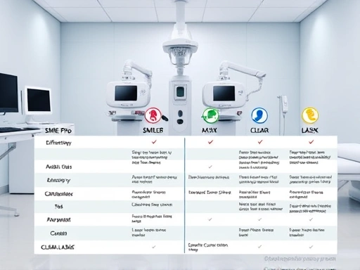 A detailed comparison table visually explaining the differences between SMILE Pro and CLEAR LASIK vision correction surgeries, with distinct icons for each, in a modern ophthalmology clinic setting with advanced equipment in the background. The table is clearly laid out with key features highlighted.