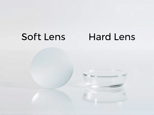 A visually balanced image depicting two distinct contact lenses, one soft and one hard (RGP), placed on a clean surface or in a comparison setup, with text overlays of 