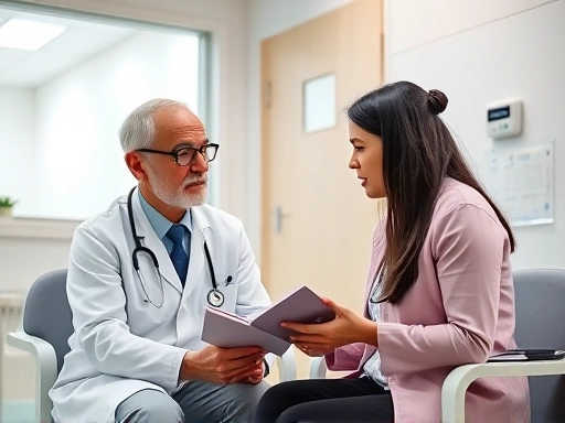 A patient and a doctor in a modern, well-lit consultation room, with the patient holding a notebook and asking questions, focusing on the discussion and mutual understanding, clean hospital setting.