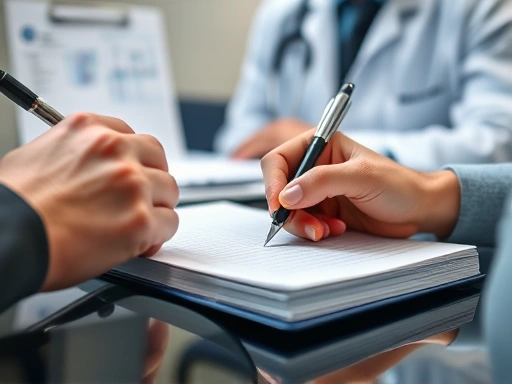 Close-up of a hand writing down notes in a notebook during a medical consultation, with a pen, a doctor's chart, and a blurred doctor in the background, emphasizing preparedness and active listening.