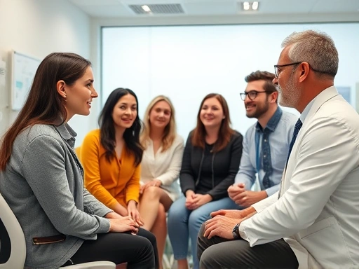 A diverse group of people discussing vision correction options with an eye doctor, in a modern, brightly lit clinic, focusing on consultation and informed decisions for those with thin corneas.