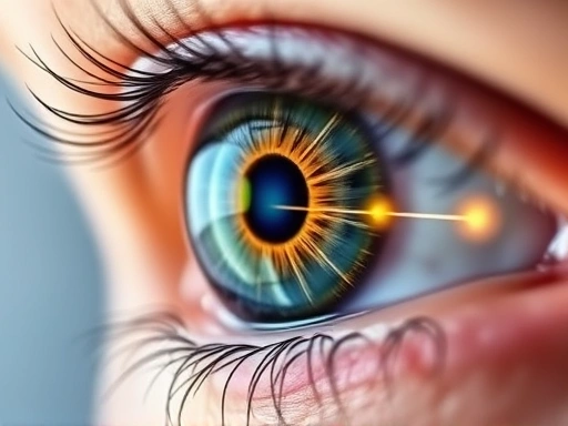 A detailed, close-up shot of an eye with a subtle, futuristic overlay illustrating the concept of different vision correction procedures like LASEK, SMILE, and ICL, emphasizing precision for thin corneas.