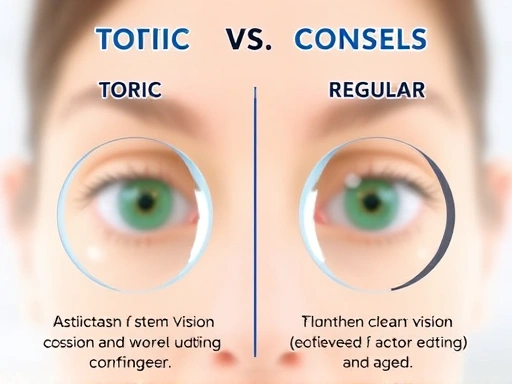 A detailed comparison between toric and regular contact lenses, emphasizing the unique design and function of toric lenses for astigmatism correction, set against a blurry and then clear vision background.
