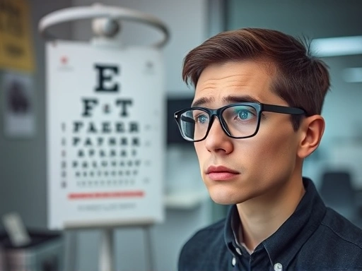 A concerned person looking at an eye chart, wearing glasses, with a blurred background of a modern eye clinic, symbolizing post-vision correction concerns.