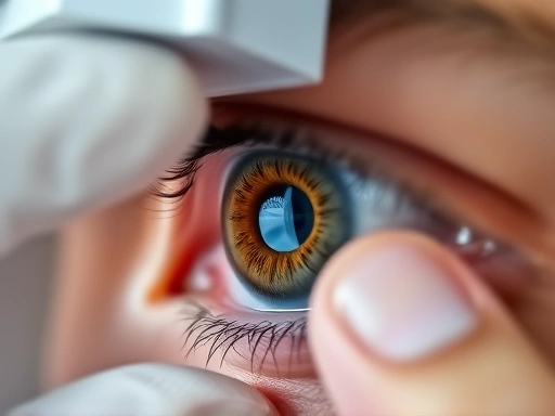 Close-up of an eye being examined by an ophthalmologist, showing intricate details of the iris and a doctor's hand holding a lens, emphasizing precise medical diagnosis.