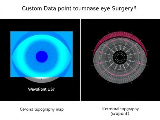 A detailed comparison graphic showing two different eyes, one with a wavefront map overlaid and the other with a corneal topography map, illustrating the unique data points for customized eye surgery.
