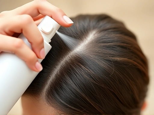 A close-up shot of a hand applying a lightweight scalp sunscreen spray to a parted scalp, showing the fine mist, focusing on the ease of application and targeted protection for hair roots.