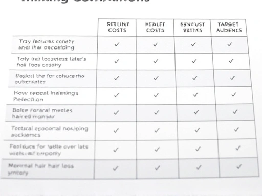 A close-up shot of a clear and concise comparison table highlighting key features, costs, and target audiences of various hair loss subscription services, emphasizing data analysis.