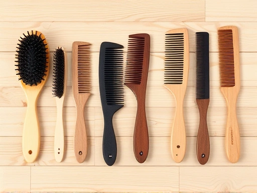A detailed top-down view of different hair brushes and combs laid out neatly on a clean wooden surface, showcasing various bristle types and designs for hair care, with natural light.