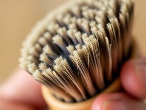 A close-up shot focusing on the bristles of a boar bristle brush, highlighting the fine texture and the gentle, round tips, with a blurred background of a hand holding the brush.