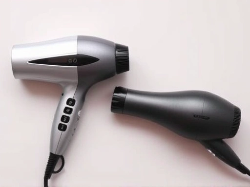 An overhead shot comparing two types of hair dryers: one sleek, modern hair loss specialized dryer with digital controls, and a more conventional general dryer, emphasizing their distinct designs and features, with a focus on technological differences.