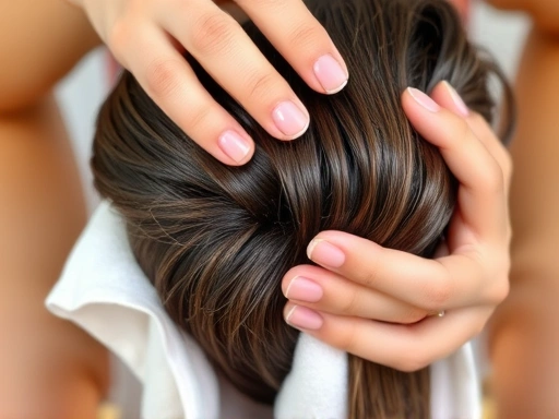 A close-up shot of hands gently drying hair with a soft towel, illustrating proper hair drying techniques to maintain scalp health and prevent damage, with a focus on hair texture.