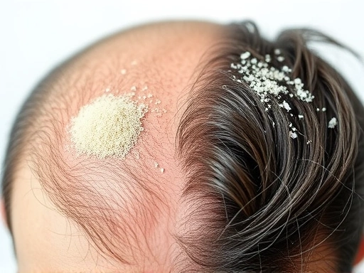 A close-up of a healthy scalp contrasted with a scalp showing visible dandruff flakes and thinning hair, illustrating the intricate connection between hair loss and dandruff. The background is clean and clinical, with an emphasis on scalp health. 