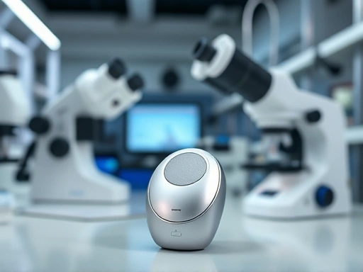 A high-tech laboratory setting with scientific instruments, focusing on a hair loss device being tested for its effectiveness, demonstrating a blend of technology and research. Hair loss device, scientific verification, lab test, technology, research, effectiveness.