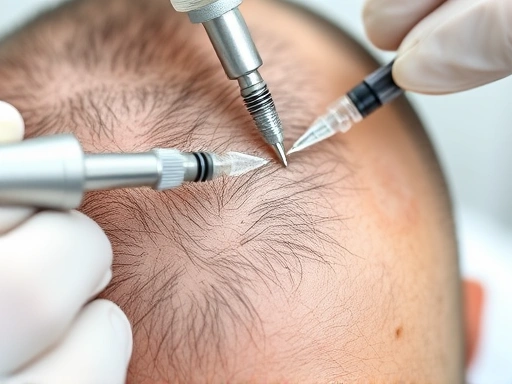 A close-up shot of a human scalp with faint hair, showing an advanced, precise injection procedure with a medical tool, emphasizing modern hair restoration technology and hope, with a clean clinical background, focusing on the treatment process, with a high level of detail and sharpness, using keywords like 
