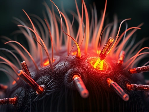 A conceptual, highly detailed close-up image showing microscopic components of hair follicles being stimulated by an unseen regenerative treatment, with glowing cellular activity and strengthened hair shafts emerging from the scalp, symbolizing the deep biological effects of injection treatments, with keywords 
