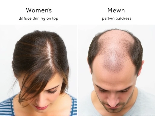 A side-by-side comparison image showing distinct hair loss patterns in women (diffuse thinning on top) and men (receding hairline, crown baldness), highlighting the difference in areas affected.
