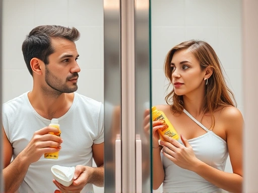 A man and a woman in separate bathrooms, each holding a bottle of shampoo, looking thoughtfully at their reflections, symbolizing the gender specific products. Bright, clean environment.