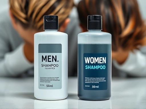 Close-up of two shampoo bottles, one clearly labeled for men and the other for women, placed side-by-side on a clean, minimalist surface with blurred hair and hands in the background, highlighting the product distinction.