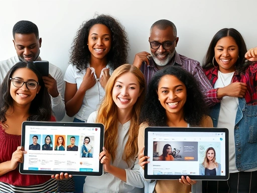 A diverse group of people confidently reviewing different digital interfaces and products related to integrated hair loss solutions, reflecting convenience and accessibility, with a modern, clean aesthetic. Focus on technology and user experience.