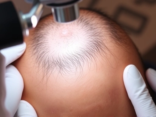 Close-up on a person's healthy scalp being examined under specialized light, showing the details of hair follicles and scalp condition, with scientific tools and professional care implied, focusing on medical precision and advanced care.