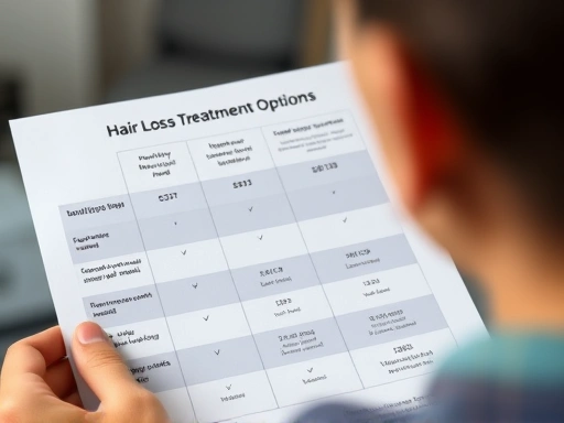 Close-up of a person looking at a comparison chart about hair loss treatment options, showing different cost tiers and effectiveness, highlighting smart decision-making and practical tips for managing hair loss expenses.