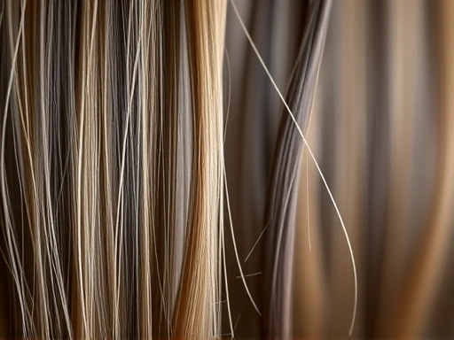 A macro shot comparing a thick, healthy hair strand next to a thin, miniaturized hair strand. The background is blurred to emphasize the texture and thickness difference. SEO: hair thinning, miniaturization, hair strand.
