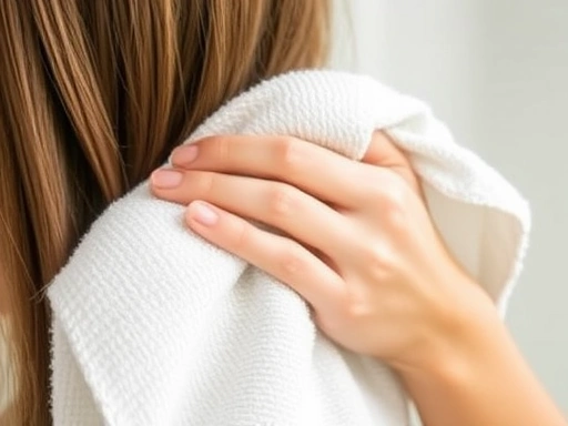 A close-up view of a person gently drying their hair with a soft, microfiber towel, emphasizing the soft texture and gentle blotting motion. The scene is bright and clean, reflecting healthy hair care with keywords like microfiber, gentle drying, healthy hair, soft towel.
