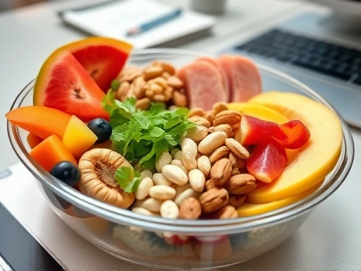 A close-up shot of a nutritious and colorful bento box or healthy snack assortment on an office desk, featuring fresh fruits, nuts, and lean protein, emphasizing healthy eating habits for busy professionals.