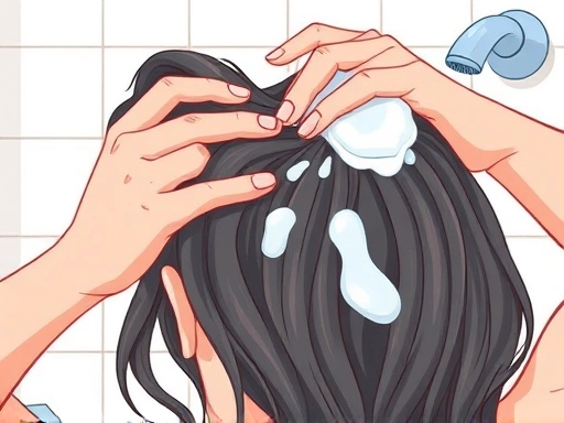 A detailed illustration of a person gently washing their hair with mild shampoo, focusing on the scalp and showing clean, healthy hair follicles. Emphasize a calm, clean bathroom environment.
