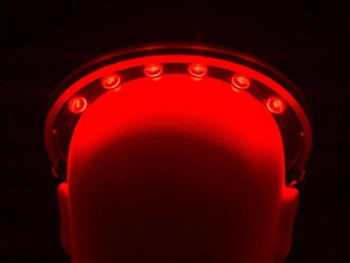 A close-up shot of the interior of a laser helmet, showing multiple red low-level laser diodes evenly distributed, emphasizing the technology and light emission on a scalp model.