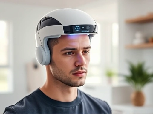 A person with a modern, sleek laser helmet on their head, focusing on hair growth, in a bright, clean home environment, conveying innovation and personal care.