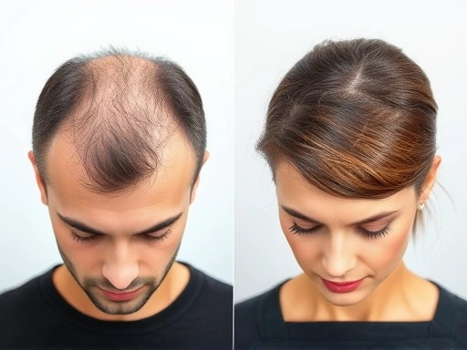A side-by-side comparison of a male head showing typical M-shaped and crown thinning versus a female head with diffuse thinning along the part line, illustrating the distinct patterns of androgenetic alopecia in men and women, clear distinction.