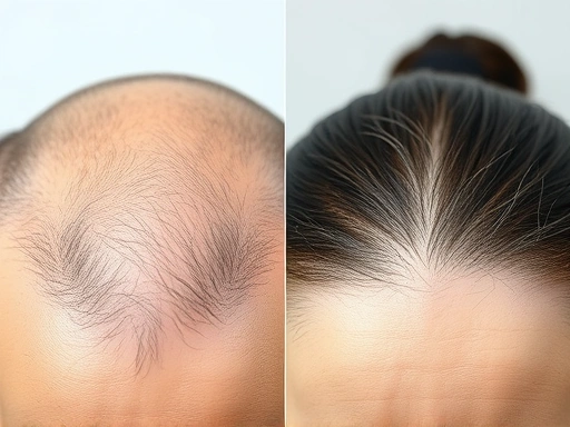 Close-up view of a scalp, one side showing a receding hairline typical of male pattern baldness, and the other side showing a widening part line with visible scalp, characteristic of female pattern hair loss, focusing on hair density and follicle health.