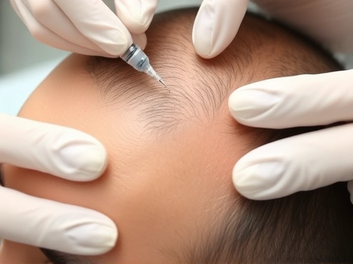 A close-up, clear image showing a medical professional performing mesotherapy injections on a person's scalp, with small needles delivering liquid into the skin, focusing on precision and hygiene. The scene emphasizes the process of scalp treatment for hair loss.
