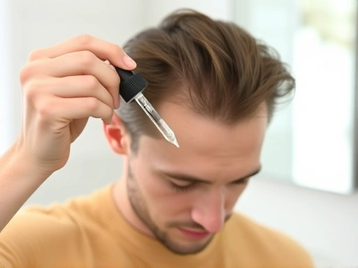 A person carefully applying minoxidil liquid to their scalp with a dropper, focusing on the hair loss area, with a clean, well-lit bathroom background. The scene should convey precision and care, highlighting hair regrowth solution.