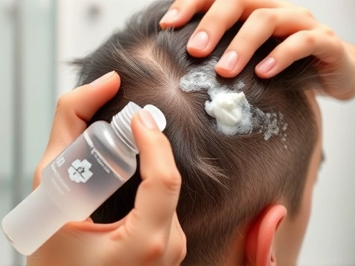 Close-up of a hand applying minoxidil liquid and foam to the scalp, showing the texture and proper technique, with a focus on precision and safety in a well-lit bathroom setting, hair care.