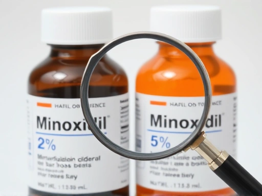 Close-up image comparing two bottles of minoxidil, one labeled 2% and the other 5%, placed next to a magnifying glass, emphasizing the difference in concentration and their respective uses for hair loss treatment.