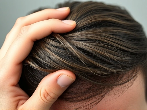 Close-up of a hand gently touching hair, illustrating the texture changes and thinning that occur after stopping hair loss medication like minoxidil or finasteride, with a slightly worried expression.