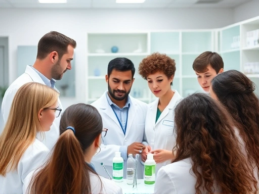 A diverse group of people with varying hair types discussing hair care products in a modern, clean laboratory setting, focusing on different minoxidil forms and concentrations, bright and scientific.