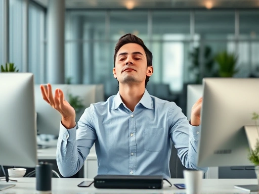 A modern office worker calmly practicing deep breathing exercises at their desk, surrounded by typical office equipment, conveying a sense of stress reduction and health. The scene is well-lit and professional.