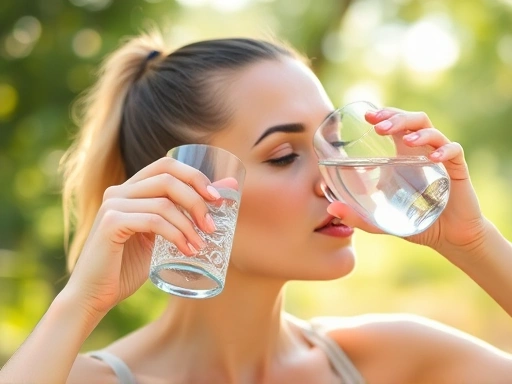 A person with a clear, hydrated scalp gracefully drinking a glass of water in a bright, natural light setting, highlighting the connection between water intake and scalp health.