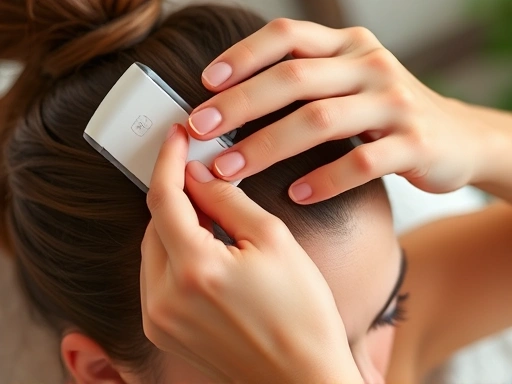 A close-up shot of a person gently using a scalp massager on their head, showing relaxation and care, with a soft, warm lighting. Scalp massage, relaxation, hair care, gentle touch, home treatment.