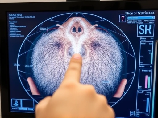 A close-up shot of a trichoscopy image on a medical screen, showing detailed hair follicles and scalp condition, with a blurred hand pointing to an area, illustrating the precision of hair loss examination process.