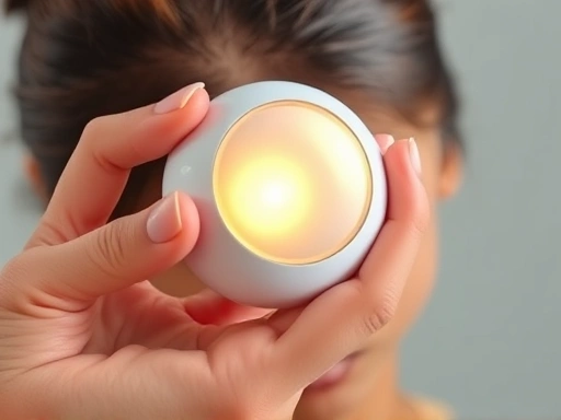 Close-up shot of a hand holding a scalp care device, demonstrating its use on the scalp with a subtle glow, highlighting detailed features and the sensation of treatment, clean background.