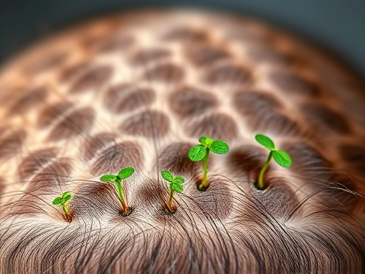 A close-up of healthy scalp and hair follicles, with various small plants symbolizing regrowth, illustrating the impact of proper scalp care and lifestyle changes for hair loss recovery.