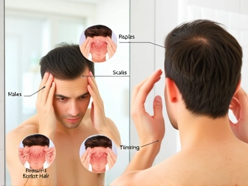 A person examining their scalp in a bathroom mirror, showing various scalp conditions like redness, flakes, and thinning hair, in a clear and informative style.